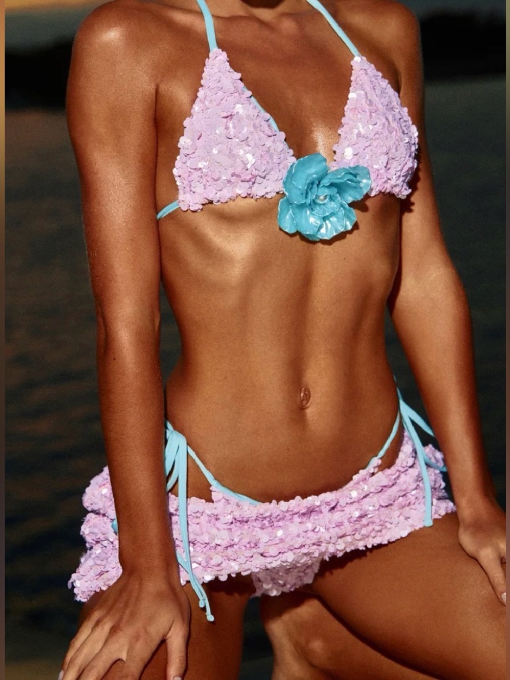 NWT Fashion Nova Pink Sequin Bikini with Blue Flower Accent size XL 3 piece